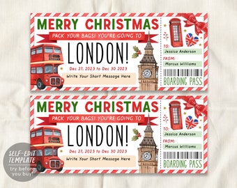 London Surprise Gift Ticket Boarding Pass Editable Template, Christmas Travel Vacation Plane Ticket Certificate, England Holiday Trip Reveal
