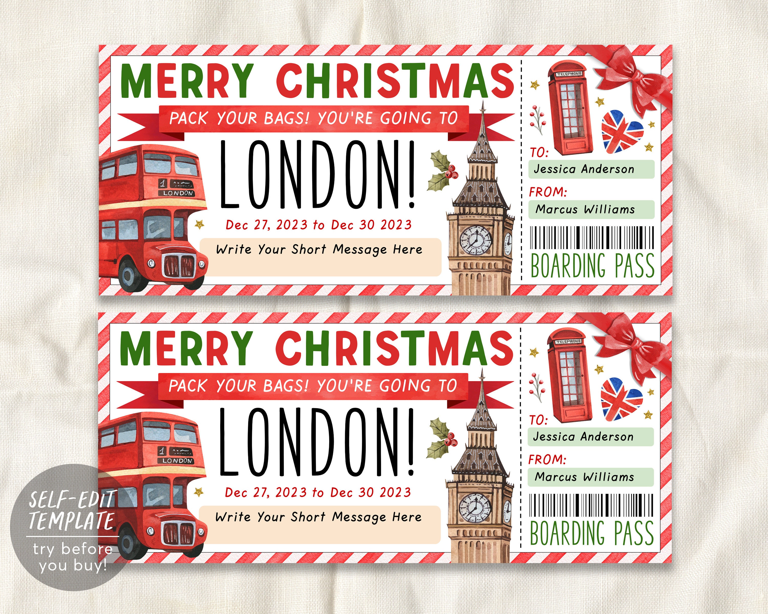 London Surprise Geschenk Ticket Bordkarte bearbeitbare Vorlage, Weihnachtsreise Urlaub Flugzeug Ticket Zertifikat, England Urlaubsreise Reveal