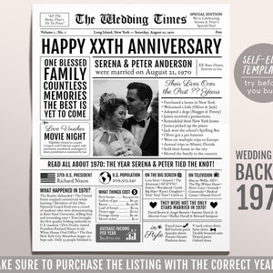 May include: Black and white newspaper style printable for a 20th wedding anniversary. The headline reads "Happy XXth Anniversary". The text includes the couple's names, "Serena & Peter Anderson", and the wedding date, "August 21, 1970". The text also includes a list of events that happened in 1970, such as the Beatles disbanding and the first quality folding umbrella being brought to the US market.