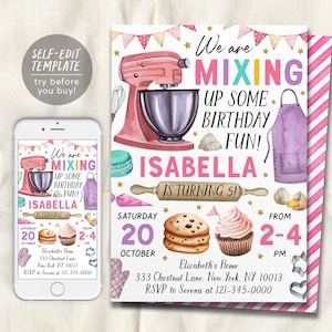 Baking Birthday Party Invitation Editable Template, Girl Chef Baking Party Invite, Pink Kids Cooking Party Evite, Cupcake Cookies Macarons