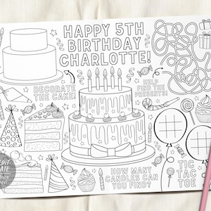 May include: A black and white printable coloring sheet featuring the text HAPPY 5TH BIRTHDAY CHARLOTTE! with illustrations of tiered cakes, cupcakes, party hats, candies, a maze, and tic-tac-toe games. Includes prompts to decorate the cake and count candles.