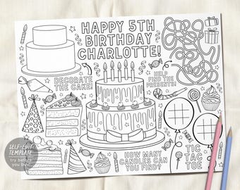 May include: A black and white printable coloring sheet featuring the text HAPPY 5TH BIRTHDAY CHARLOTTE! with illustrations of tiered cakes, cupcakes, party hats, candies, a maze, and tic-tac-toe games. Includes prompts to decorate the cake and count candles.