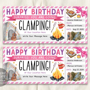 Glamping Trip Ticket Bearbeitbare Vorlage, Geburtstag Glamping Wochenendreise Reveal Geschenkgutschein Camping Erlebnisgutschein Coupon Printable