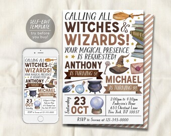 May include: A birthday invitation template featuring watercolor illustrations of a broom, books, a witch hat, a cauldron, and a crystal ball. The text reads: CALLING ALL WITCHES & WIZARDS! YOUR MAGICAL PRESENCE IS REQUESTED! ANTHONY IS TURNING 5! MICHAEL IS TURNING 9! 23 OCT.