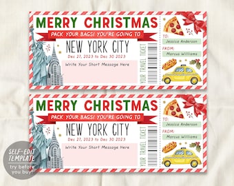 May include: A printable travel ticket template featuring a red and white striped border, the text Merry Christmas, Pack Your Bags! You're Going To New York City, Dec 27, 2023 to Dec 30, 2023, illustrations of the Statue of Liberty, a taxi, and pizza.