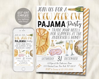 May include: A New Year Eve pajama party invitation template featuring a watercolor illustration of a pajama top, sleep mask, champagne flutes, and a disco ball. The text reads Join Us For A New Year Eve Pajama Party, Trade Your Heels For Slippers At The Anderson's Home, Saturday 31 December, 6:00pm at the Anderson's Home, 333 Chestnut Lane, New York, NY 10037, RSVP to Serena at 121-345-0000.
