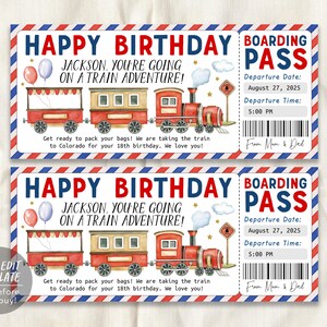 Modèle modifiable de carte d'embarquement de billet de train, chèque-cadeau de voyage d'escapade de vacances de week-end de surprise d'anniversaire d'enfants, voyage d'amant de train