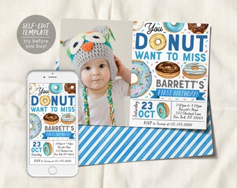 Donut Birthday Invitation With Photo Editable Template, Boy You Donut Want To Miss Donuts Party Invite, Kids Sprinkles Sweet Doughnut Evite