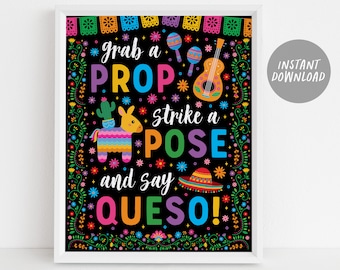 Fiesta Photo Booth Sign For Birthday Wedding Shower, Mexican Theme Cinco de Mayo Photobooth Decor, Grab A Prop Strike A Pose Poster Piñata