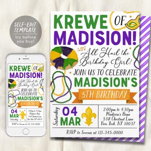 Mardi Gras Birthday Invitation Editable Template, Kids Mardi Gras Fat Tuesday Theme Party Invite, New Orleans King Cake Carnival Evite