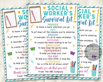 Kit de supervivencia para trabajadores sociales Etiquetas de regalo Plantilla editable, Agradecimiento al trabajo social escolar Gracias, Consejero escolar de orientación Regreso a la escuela