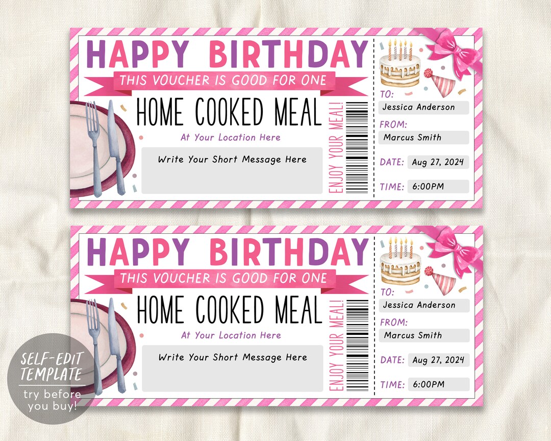 Home Cooked Meal Coupon Editable Template, Birthday Surprise Personal