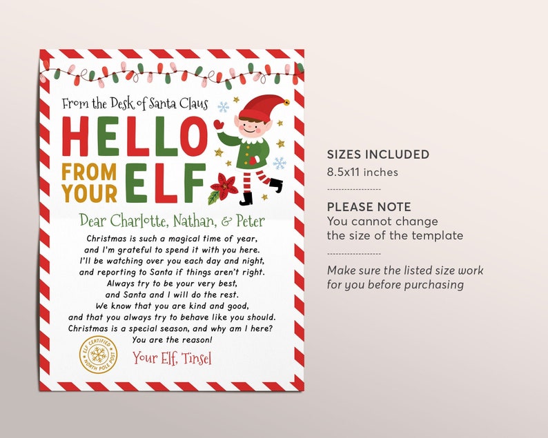 Hello Letter From Elf Editable Template, Elf Arrival Note, First Time ...