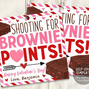Valentine&#39;s Day Brownie Favor Tags Editable Template, Shooting for Brownie Points, Employee Volunteer Friend Staff Thank You Appreciation