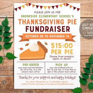 Thanksgiving Pie Fundraiser Flyer Editable Template, Fall Pumpkin Pie Invitation Bake Sale, School PTO PTA, Church Community Pie Drive