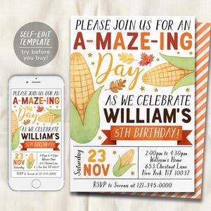 Puede incluir: Una plantilla de invitación de cumpleaños con ilustraciones de maíz, hojas de otoño y estrellas. El texto dice: PLEASE JOIN US FOR AN A-MAZE-ING DAY AS WE CELEBRATE WILLIAM'S 5TH BIRTHDAY! Saturday 23 NOV, 2:00pm to 4:30pm, 653 Chestnut Lane, New York, NY 10037.
