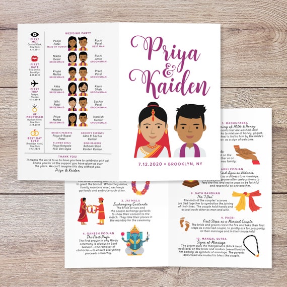 Hindu Wedding Program Indian Wedding Program Portrait Indian Etsy