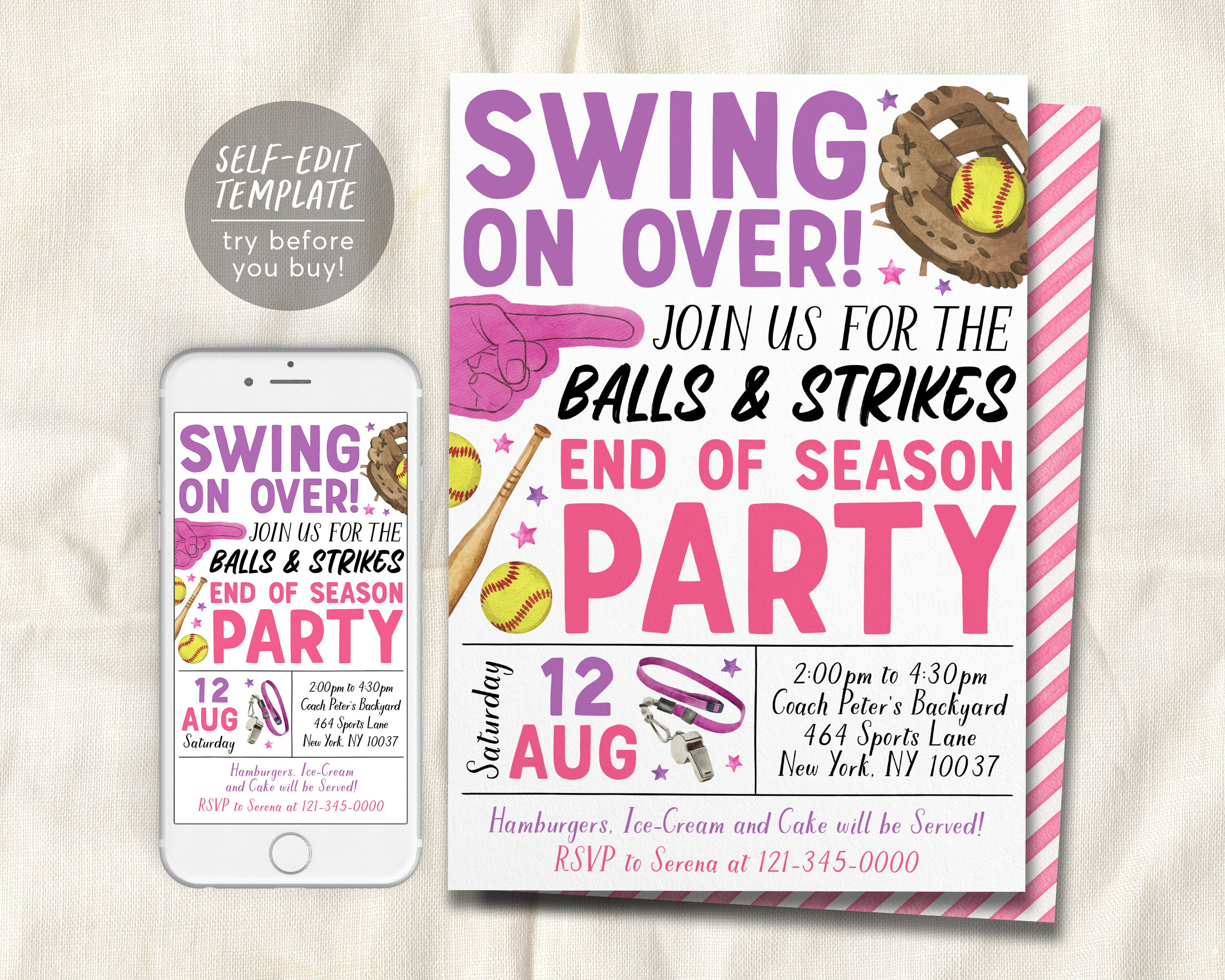 Softball End of Season Party Invitation Editable Template, Swing On Over Sports Team Party Invite, Summer Backyard Team Cookout BBQ Evite
