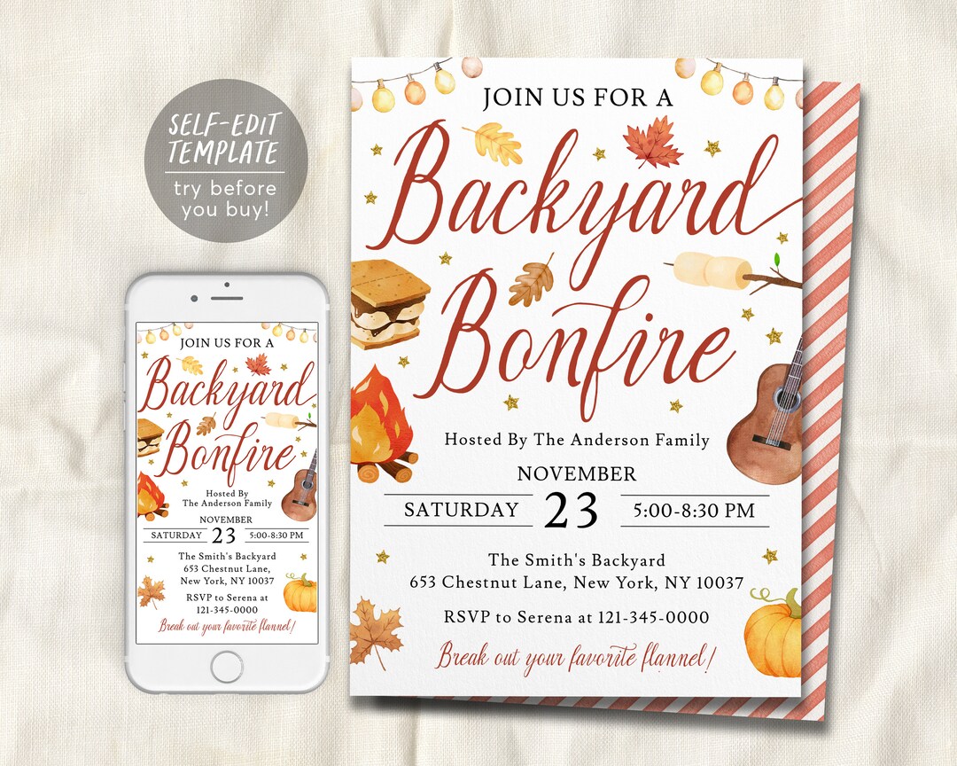 Fall R Invitations Bonfire Backyard Bonfire Party Invitation Editable Template, Autumn Bonfire ...