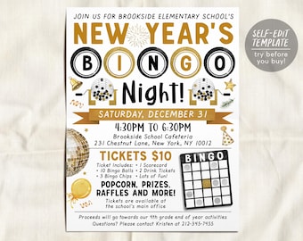 Plantilla editable para volante de recaudación de fondos para la noche de bingo de Nochevieja, invitación para evento de bingo de Nochevieja, invitación para evento de noche de juegos, asociación de padres y maestros (PTA), asociación de padres y maestros (PTO), escuela, aula, comunidad.