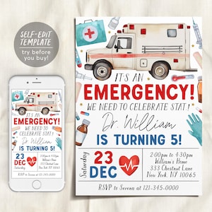 Doctor Birthday Invitation Editable Template, Kids Medical Emergency Hospital Party Invite, Nurse Pretend First Responders Ambulance Evite