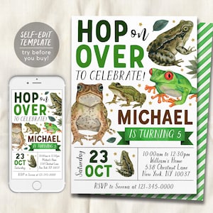 Puede incluir: Una invitación verde y blanca con el texto "HOP on OVER TO CELEBRATE!" y "MICHAEL IS TURNING 5". La invitación presenta ilustraciones de ranas y incluye detalles del evento e información de RSVP.