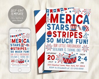May include: A birthday invitation card and a smartphone screen displaying the same design with red, white, and blue graphics including fireworks, a top hat, a cupcake, and a drum. The text reads 'MERICA STARS STRIPES & SO MUCH FUN! OUR LITTLE FIRECRACKER BENJAMIN IS TURNING ONE!'