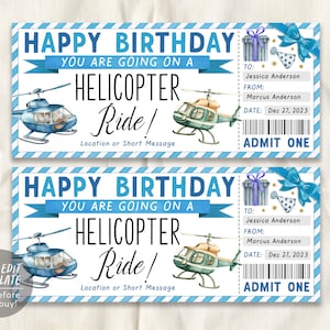 Helicopter Ride Ticket Gift Certificate Editable Template, Surprise Birthday Helicopter Experience Gift Voucher For Him Holiday Coupon