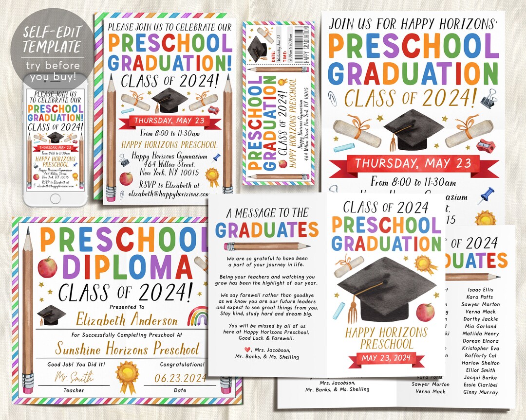 Preschool Graduation Ceremony BUNDLE Editable Template, Pre-k