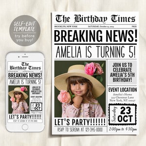 写真編集可能なテンプレート付き誕生日新聞招待状、新聞テーマパーティー招待状、カスタムユニークな誕生日インフォグラフィック Evite 印刷可能