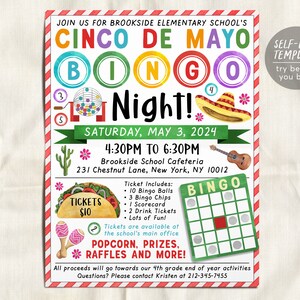 Plantilla editable para volante de recaudación de fondos para la noche de bingo del Cinco de Mayo, volante de bingo mexicano para evento de recaudación de fondos, PTA, PTO, escuela, familia y comunidad
