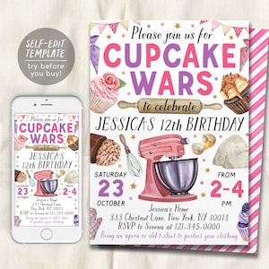 Cupcake Wars Birthday Invitation Editable Template, Girl Baking Competition Cupcake Decorating Party Invite, Kids Cooking Evite Printable