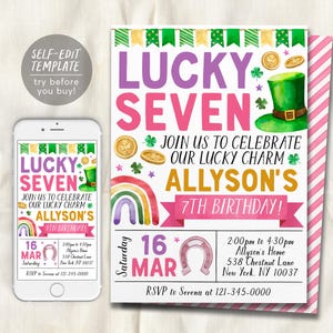 Lucky Seven 7th Birthday Invitation Editable Template, Pink Girl St Patrick's Day Shamrock Seventh Birthday Party Invite, Our Lucky Charm
