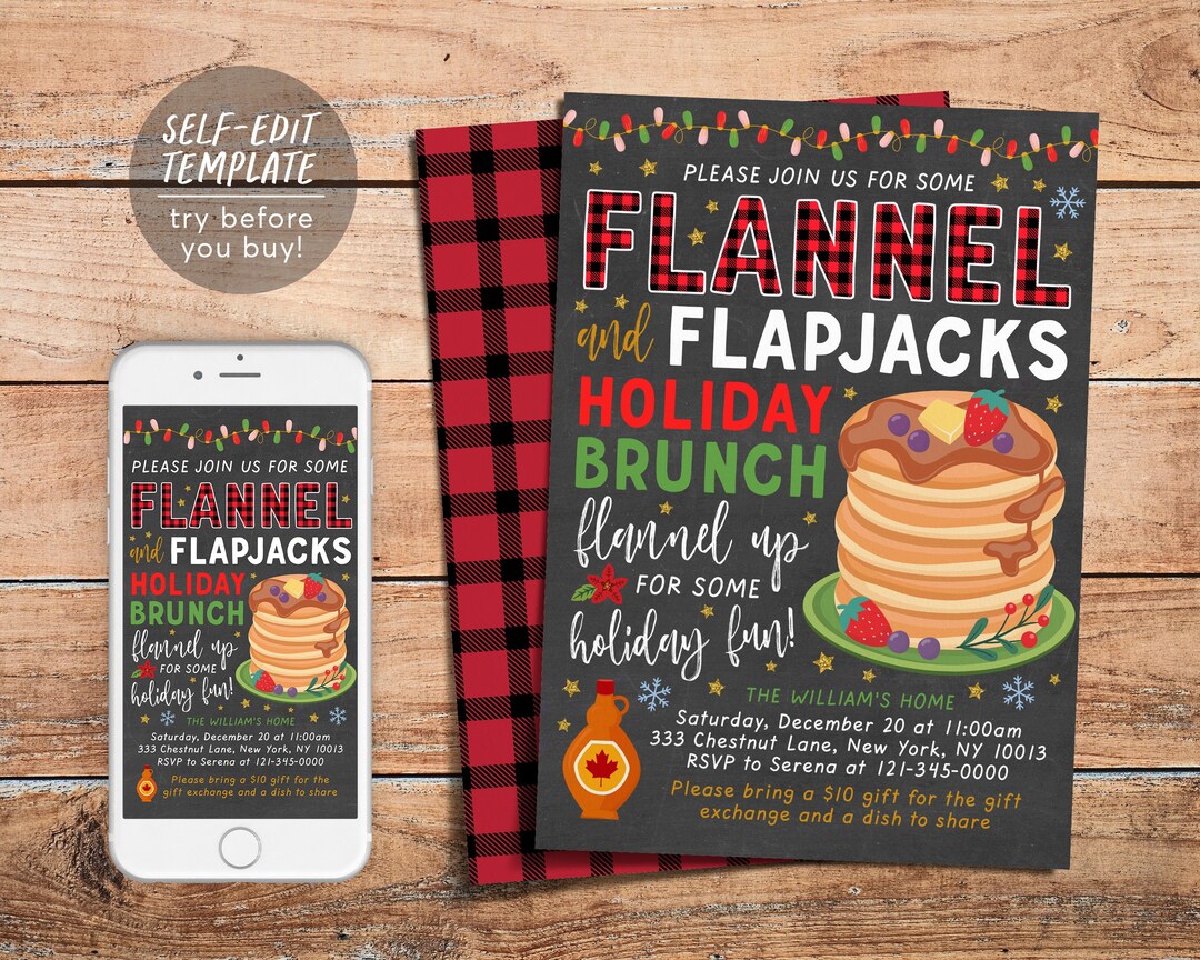 Flannel and Flapjacks Holiday Brunch Invitation Editable Template ...