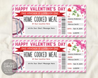 May include: Two identical Valentine's Day gift vouchers featuring a pink and white striped border, a red ribbon banner, a red rose, and a pink bow. The text reads Happy Valentine's Day, This Voucher Is Good For One Home Cooked Meal.