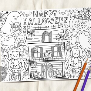 Halloween Coloring Page Placemat For Kids, Cute Spooky Halloween Fall Party Activity Sheet, Classroom Kids Adults Coloring Instant Download