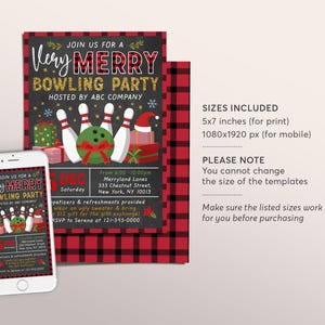 Holiday Bowling Party Invitation Editable Template, Christmas Xmas Company Staff Work Party Invite, Games Flannel Plaid Retro Buffalo Rustic image 2