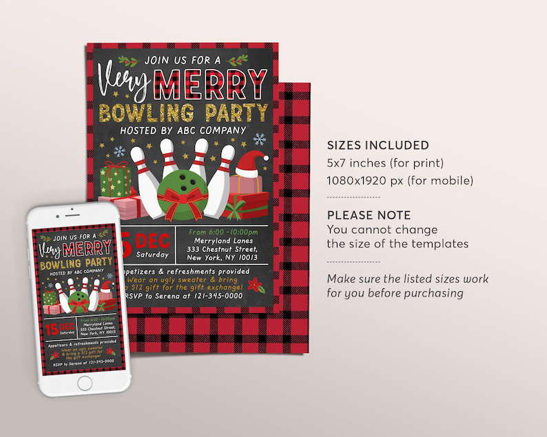 Holiday Bowling Party Invitation Editable Template, Christmas Xmas Company Staff Work Party Invite, Games Flannel Plaid Retro Buffalo Rustic image 2