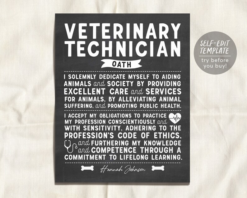 Editable Veterinary Technician's Oath Chalkboard Gift Etsy