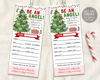 Christmas Giving Tree Gift Tag Editable Template, Donation Slip With Angels Printable, Charity Toy Drive Community Event Church School
