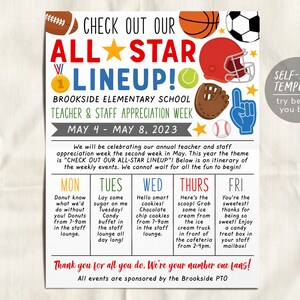 Sport All Star VIP Theme Lehrer Mitarbeiter Anerkennung Woche Reiseplan Flyer Editierbare Vorlage, Baseball Terminplan Newsletter Poster PTO PTA