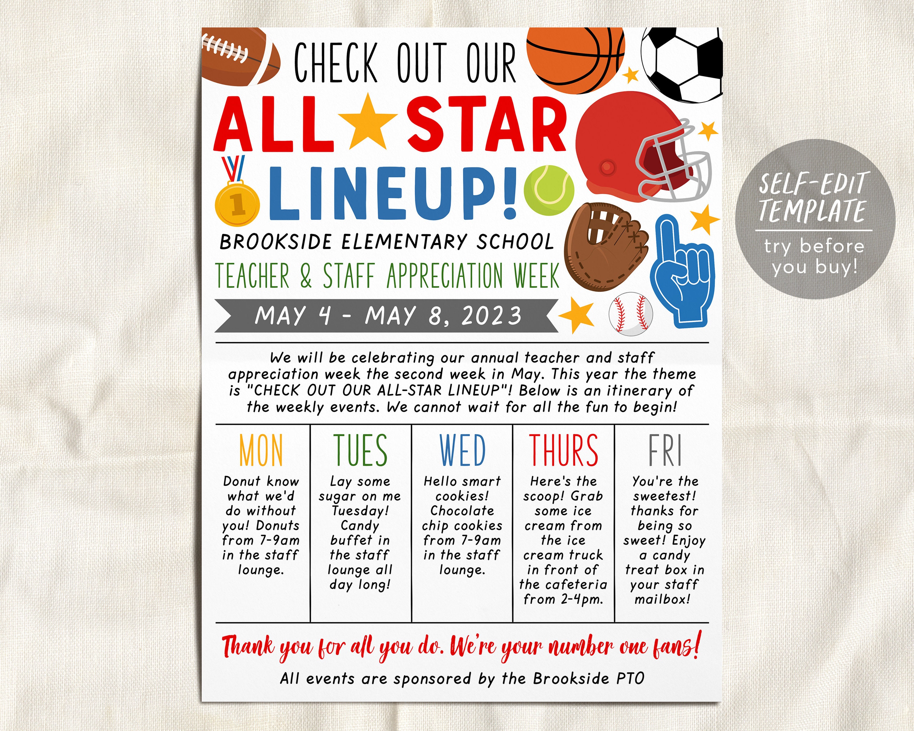Sports All Star VIP Theme Teacher Staff Appreciation Week Itinerary Flyer  Editable Template, Baseball Schedule Newsletter Poster PTO PTA - Etsy