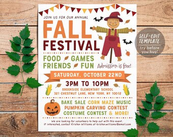 Plantilla editable para folleto de festival de otoño, póster imprimible para invitación a fiesta de Halloween, evento de recaudación de fondos para la escuela de la iglesia comunitaria
