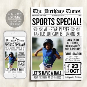 Baseball-Geburtstagseinladung mit fotobearbeitbarer Vorlage, Zeitungs-Baseball-Thema-Einladung, Kinder-Softball-Sportspieltag-All-Star-Evite