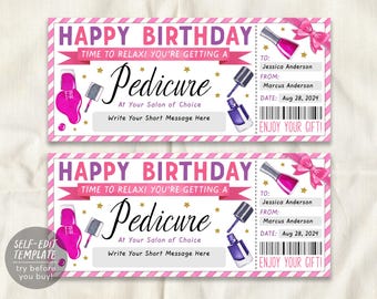 May include: A rectangular Happy Birthday gift voucher for a pedicure featuring pink and purple nail polish bottles, a pink bow, gold stars, and a barcode. The text includes To: Jessica Anderson, From: Marcus Anderson, and Date: Aug 28, 2024.