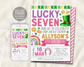 May include: A birthday invitation template featuring the text LUCKY SEVEN, JOIN US TO CELEBRATE OUR LUCKY CHARM ALLYSON'S 7TH BIRTHDAY, Saturday 16 MAR, and event details. The design includes a green hat, gold coins, a rainbow, and a horseshoe.