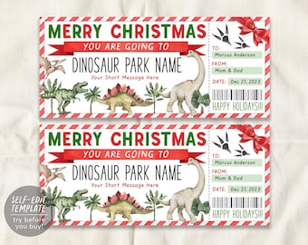 Peut inclure: Un billet cadeau de Noël imprimable avec des dinosaures à l'aquarelle, un ruban rouge et le texte Merry Christmas, You Are Going To, Dinosaur Park Name, Your Short Message Here, To: Marcus Anderson, From: Mom & Dad, Date: Dec 27, 2023.
