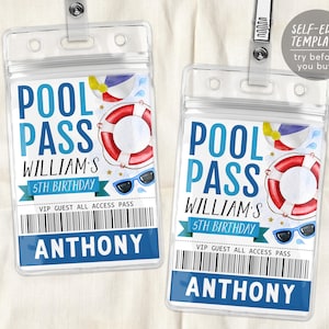 May include: Two blue and white pool party pass templates with a red and white life preserver, sunglasses, and beach ball. The text on the passes reads "Pool Pass William's 5th Birthday VIP Guest All Access Pass Anthony".