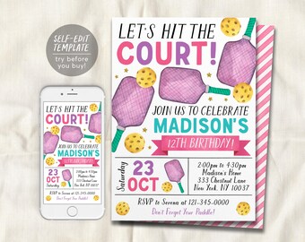 Pickleball Birthday Invitation Editable Template, Girl Lets Hit the Court Theme Party Invite, Sports Pickleball Theme Evite, Let’s Pickle
