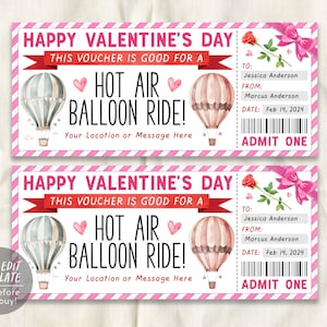 Hot Air Balloon Ticket Editable Template, Valentines Day Surprise Hot Air Balloon Gift Certificate Voucher Experience Coupon, Last Minute